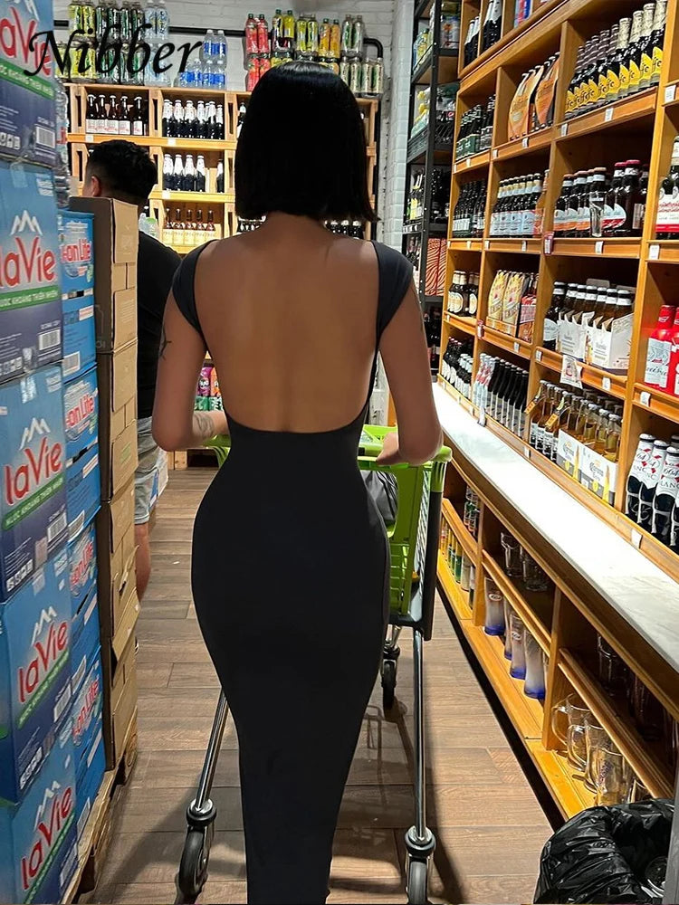 Nibber Solid Sexy Backless Maxi Dress Women Elegant Elastic Slim Short Sleeve Long dresses Female Bodycon Streetwear Clothing - Lambert One Stop Store