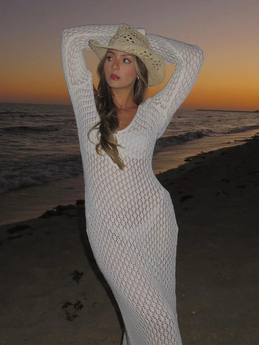 Sexy Women White Long Knit Sleeve Bikin Fashion Cover up Female See-Through Deep V-Neck Hollow-Out Beach Knitwear Backless Dress - Lambert One Stop Store