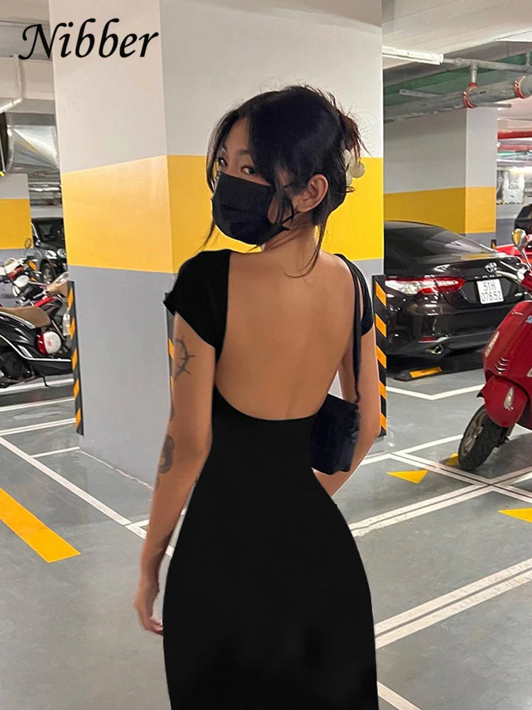 Nibber Solid Sexy Backless Maxi Dress Women Elegant Elastic Slim Short Sleeve Long dresses Female Bodycon Streetwear Clothing - Lambert One Stop Store