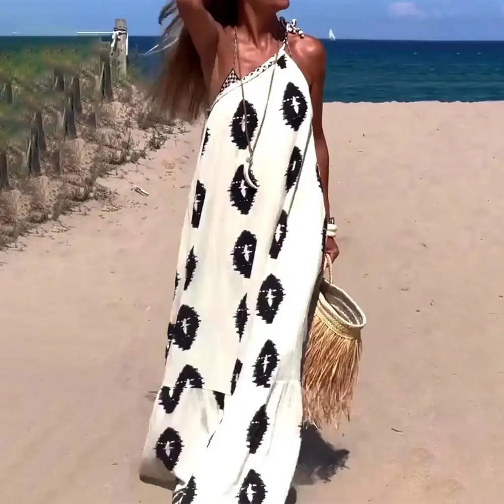 Women Holiday Dress Summer Beach Dress Bohemia Holiday Dress Elegant One Shoulder Maxi for Women Loose Fit Vacation Style - Lambert One Stop Store