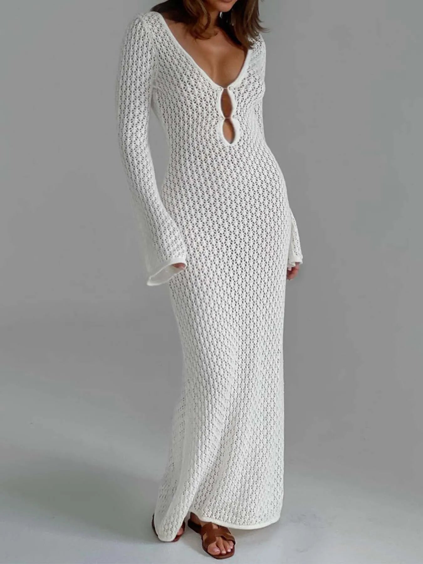 Sexy Women White Long Knit Sleeve Bikin Fashion Cover up Female See-Through Deep V-Neck Hollow-Out Beach Knitwear Backless Dress - Lambert One Stop Store