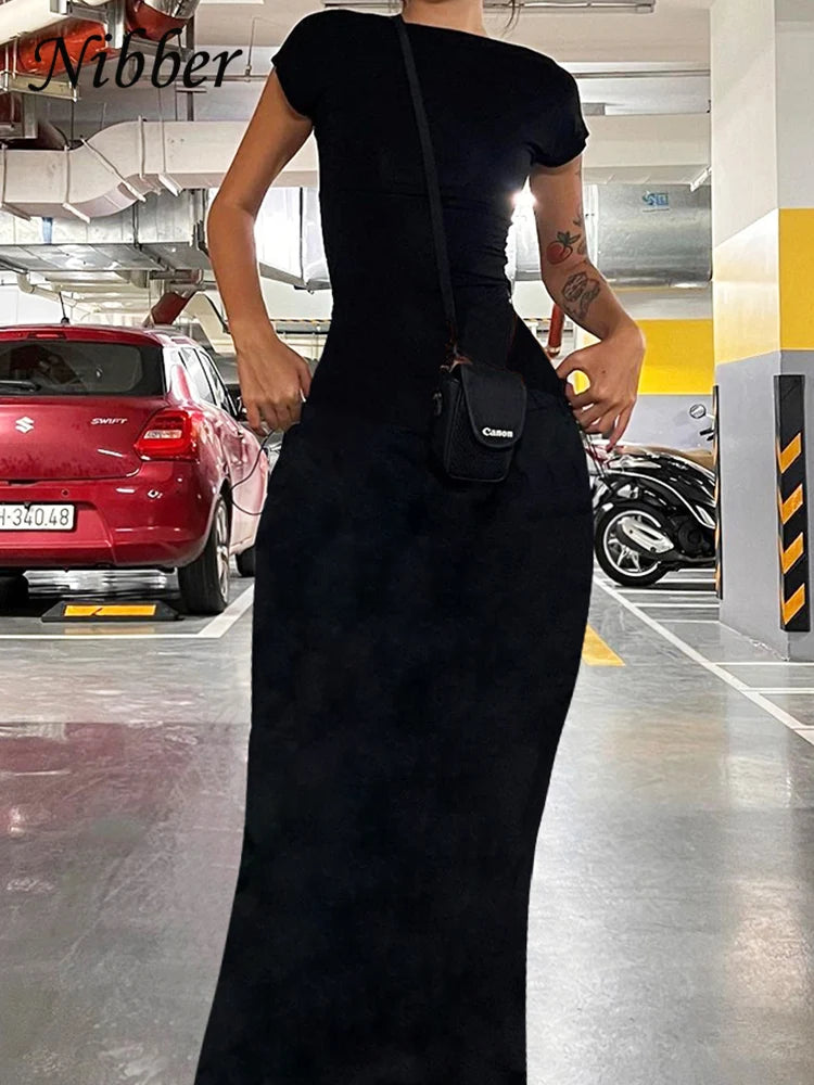 Nibber Solid Sexy Backless Maxi Dress Women Elegant Elastic Slim Short Sleeve Long dresses Female Bodycon Streetwear Clothing - Lambert One Stop Store